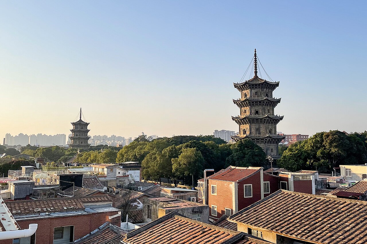 The twin pagodas of Kaiyuan Temple in Quanzhou, photographed in 2023.